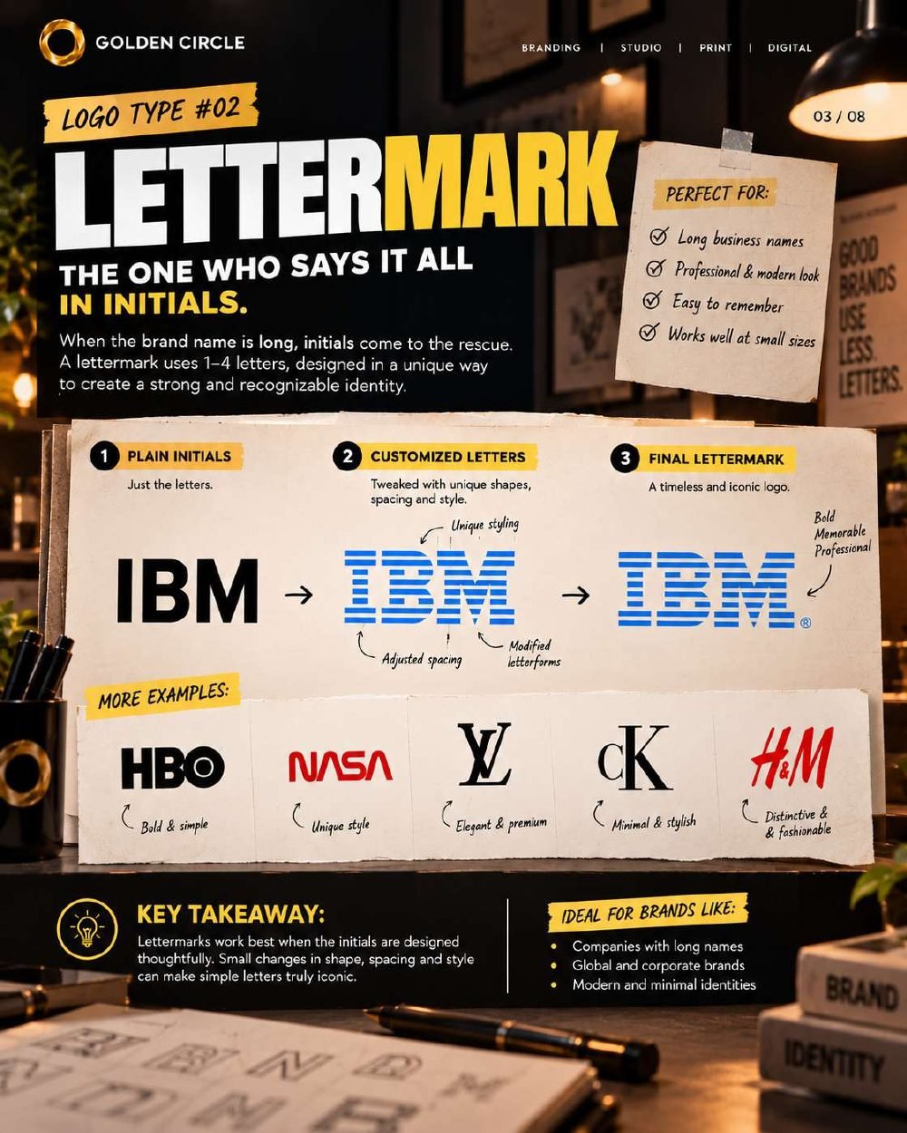 Logo type 2: Lettermark, with IBM, HBO, NASA, Louis Vuitton, Calvin Klein and H&M