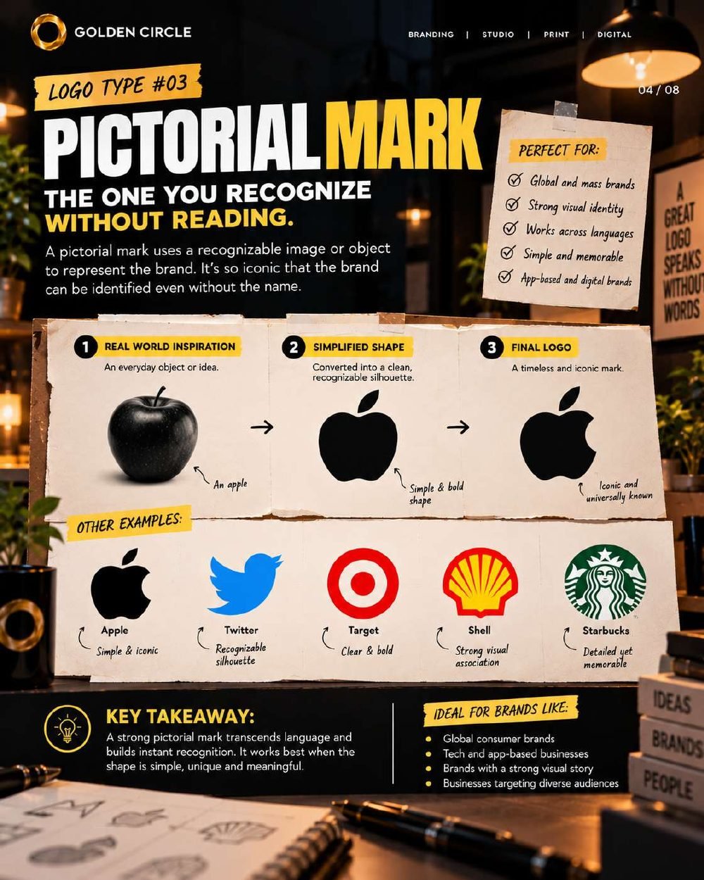 Logo type 3: Pictorial mark, with Apple, Target, Shell and Starbucks