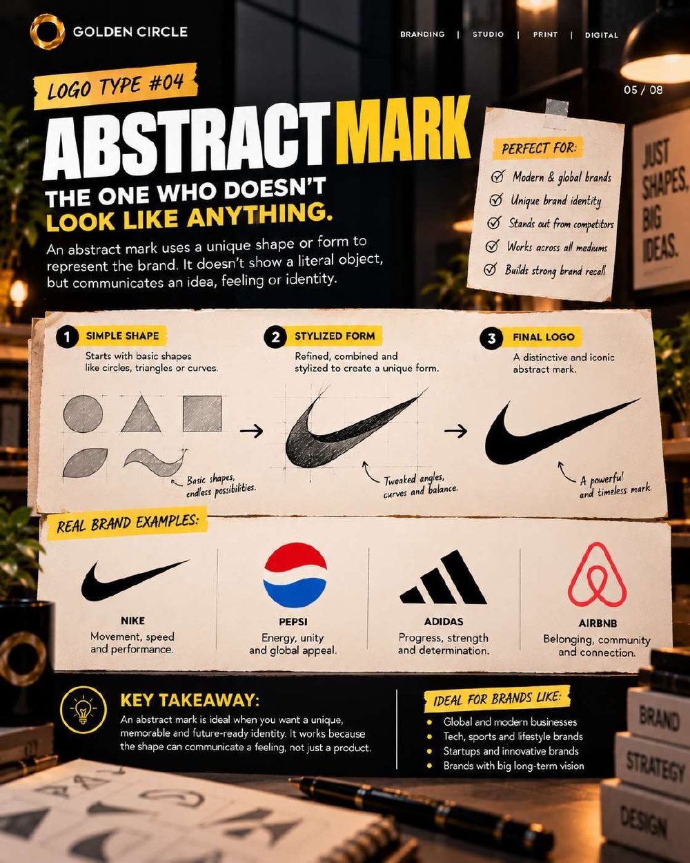 Logo type 4: Abstract mark, with Nike, Pepsi, Adidas and Airbnb
