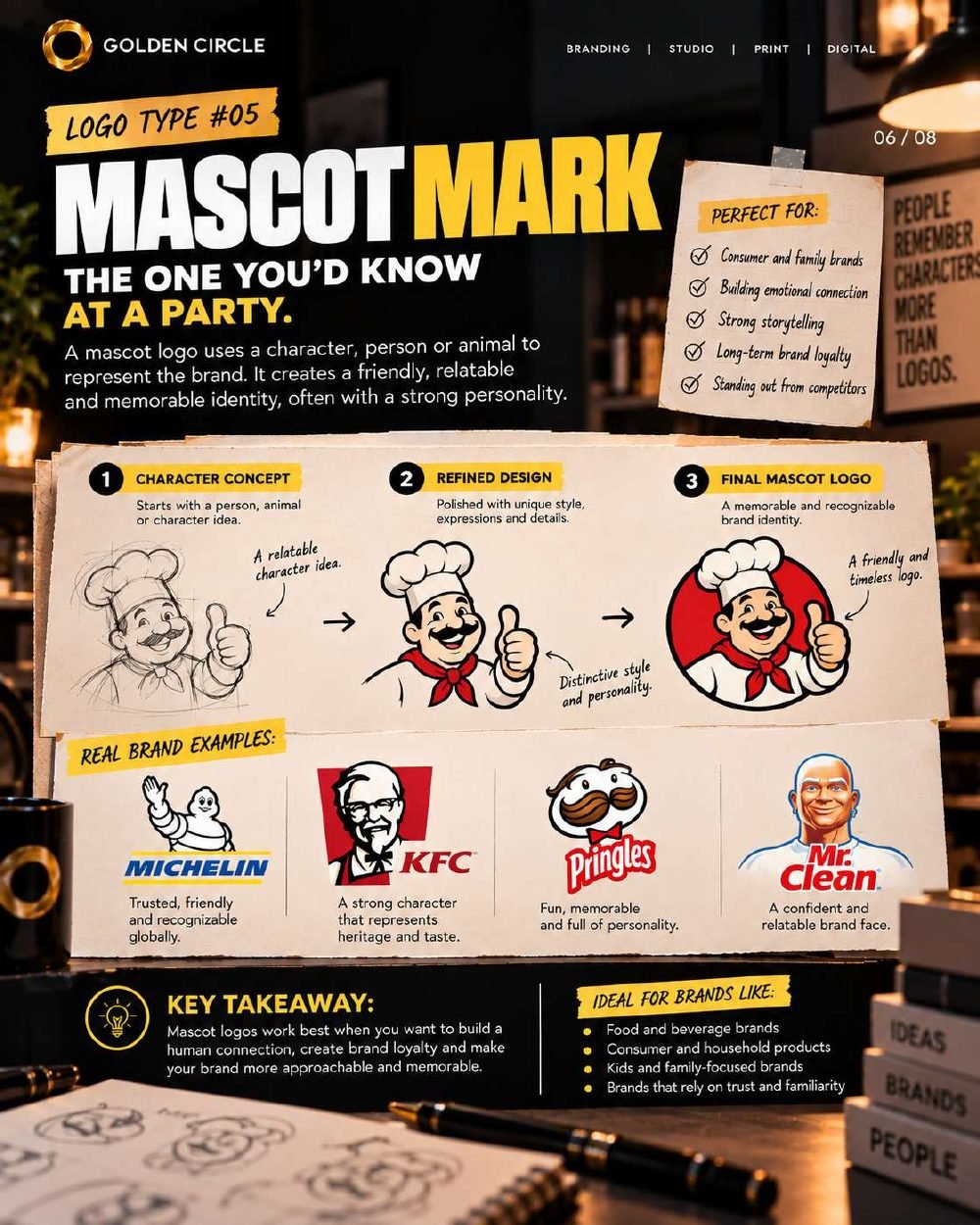 Logo type 5: Mascot mark, with Michelin, KFC, Pringles and Mr. Clean