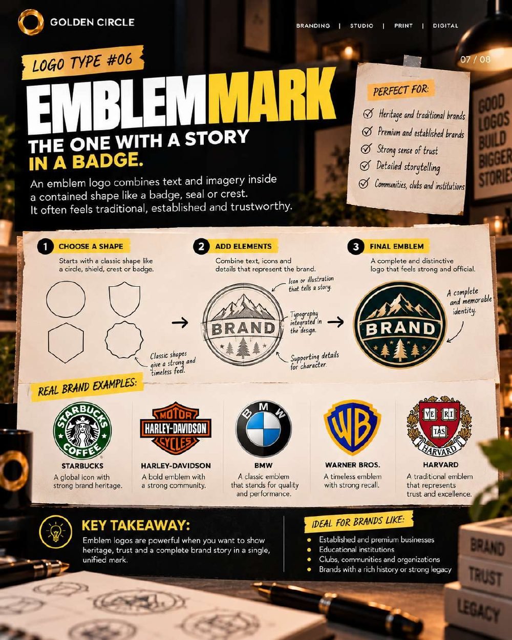 Logo type 6: Emblem mark, with Starbucks, Harley-Davidson, BMW, Warner Bros. and Harvard