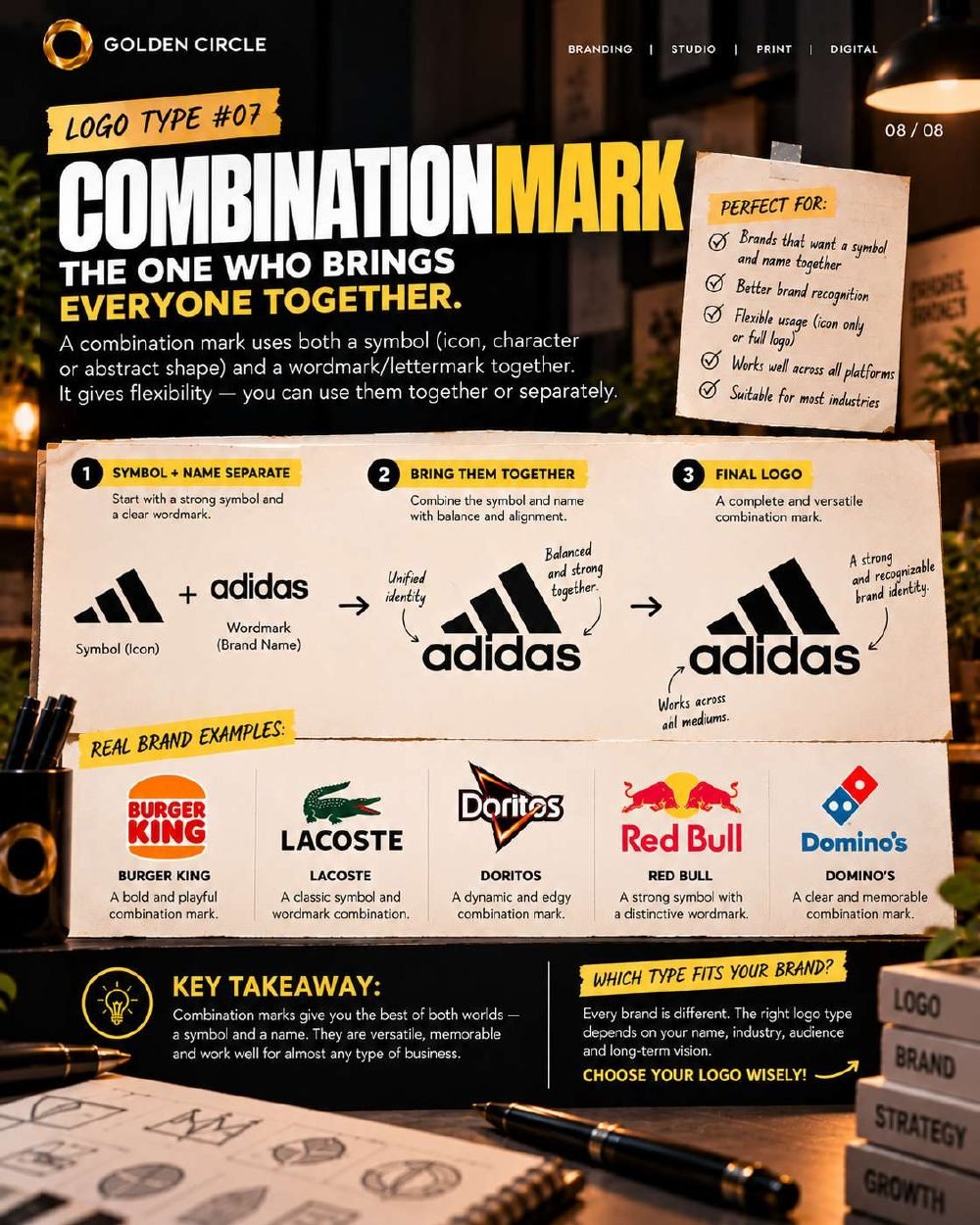 Logo type 7: Combination mark, with Adidas, Burger King, Lacoste, Doritos, Red Bull and Domino's